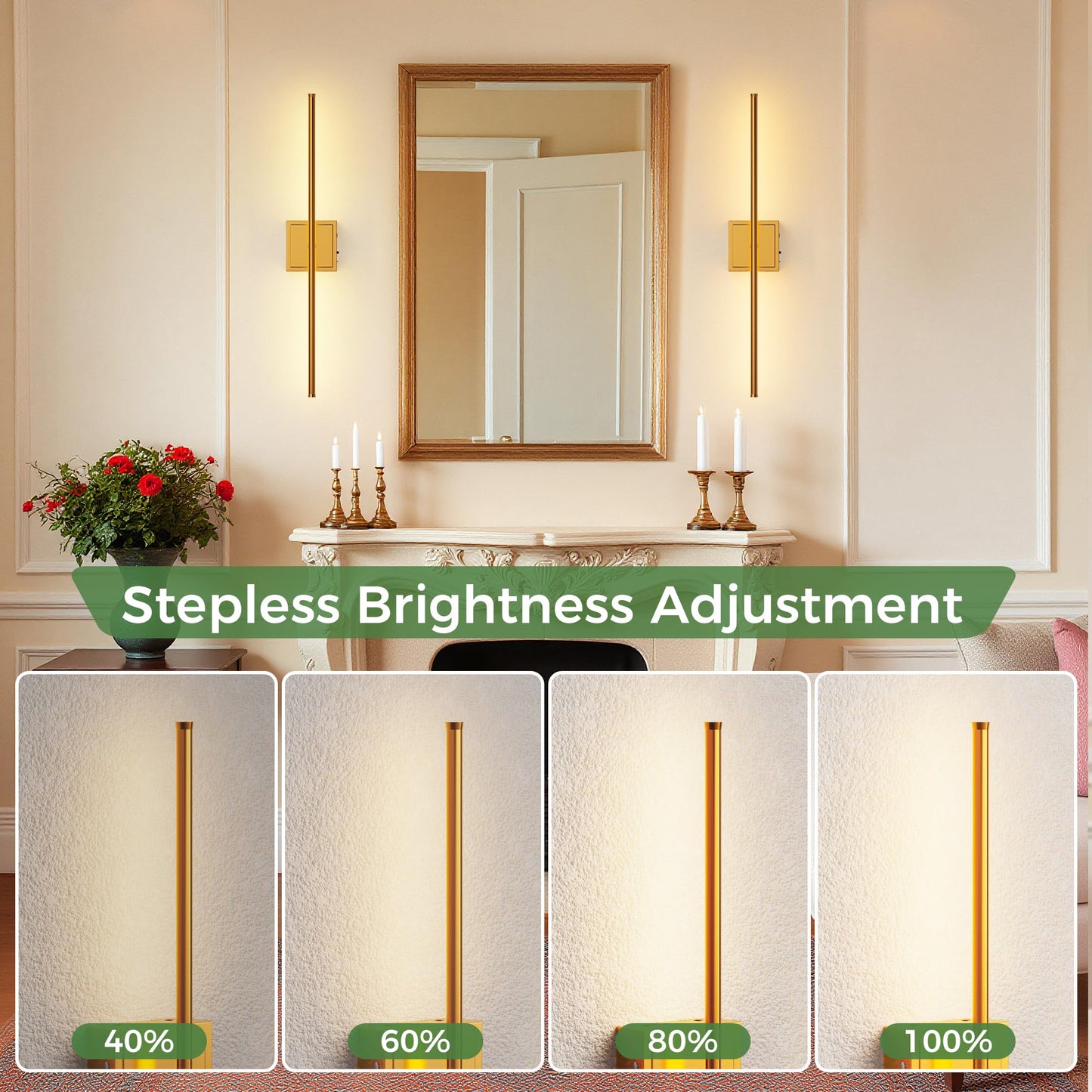 DORESshop Battery Operated Wall Sconces Set of 2, Dimmable, Brass, 28.1 Inch, Rechargeable, Wireless Lights for Bedroom, Living Room