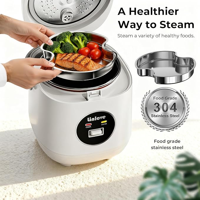 Rice Cooker Small 4 cup Uncooked,2 Quart Non-stick Mini Rice Cooker,With Stainless Steel Steamer Tray,One-Switch to Cook and Auto Keep Warm,Recipe Guide,Small space saving for 1-4 people,White