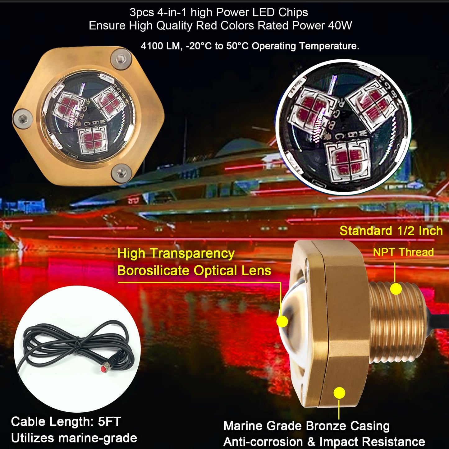 NBWDY Boat Drain Plug Light - 4100LM Waterproof Marine LED, Remote Control, Bronze Housing, 1 Pcs, Red