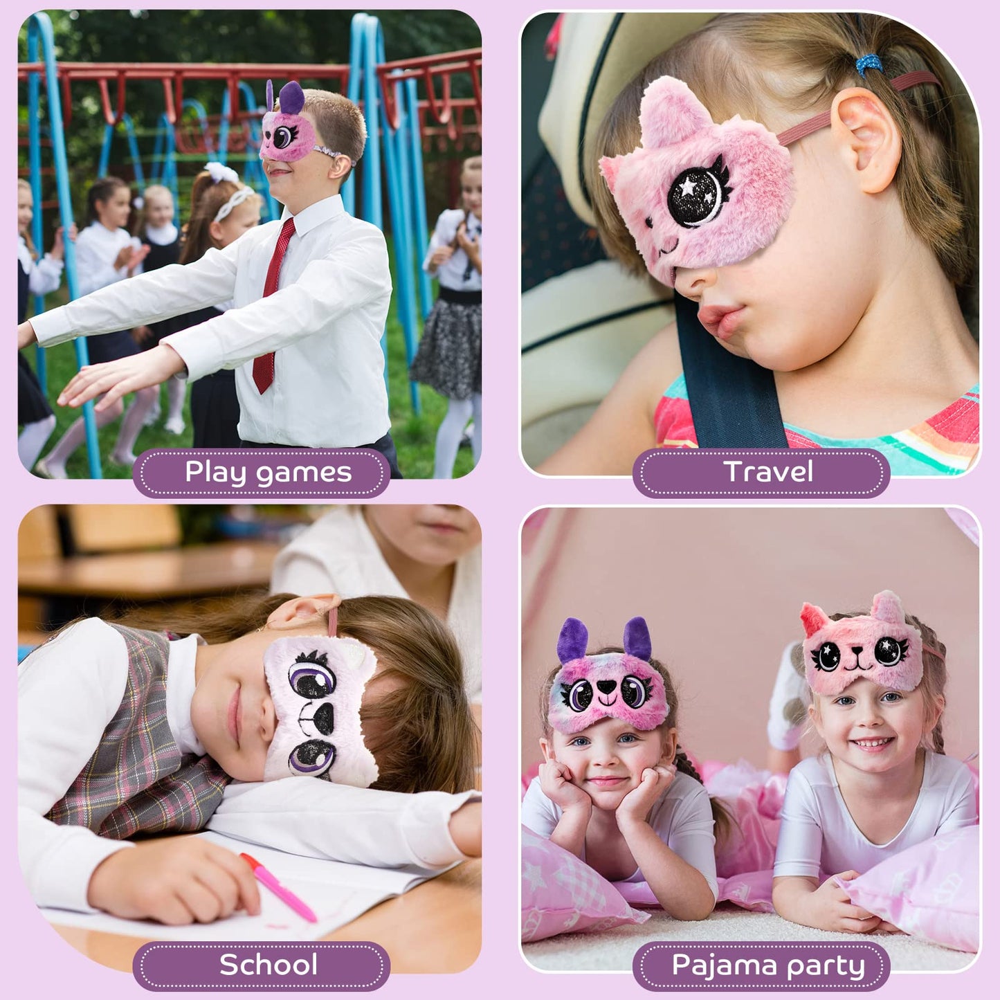 3 Pieces Sleep Mask for Kids, Girls Plush Sleeping Eye Cover Soft Eye Blindfold Cover Animal Shade for Kids(Purple, Big Eyes Style)