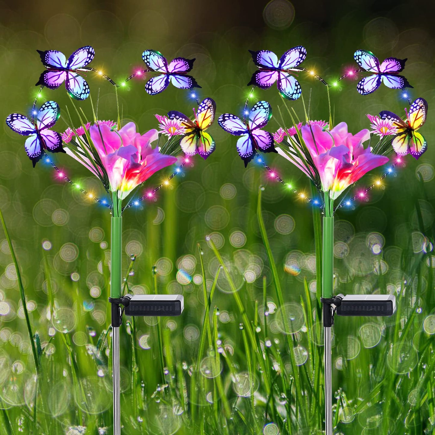 Aukora Solar Garden Lights - Waterproof Heart-Shaped Design With Butterflies & 7 Color Changing Leds - 2-Pack, Multicolor