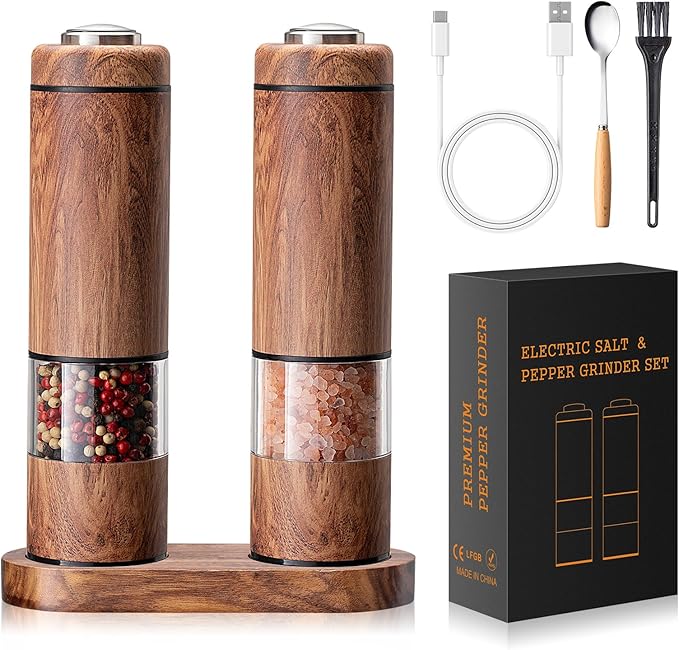 Rechargeable Electric Salt and Pepper Grinder Set – Automatic Salt and Pepper Shakers with Wood Base, Adjustable Coarseness, LED Light, One-Hand Operation Salt and Pepper Shakers Set