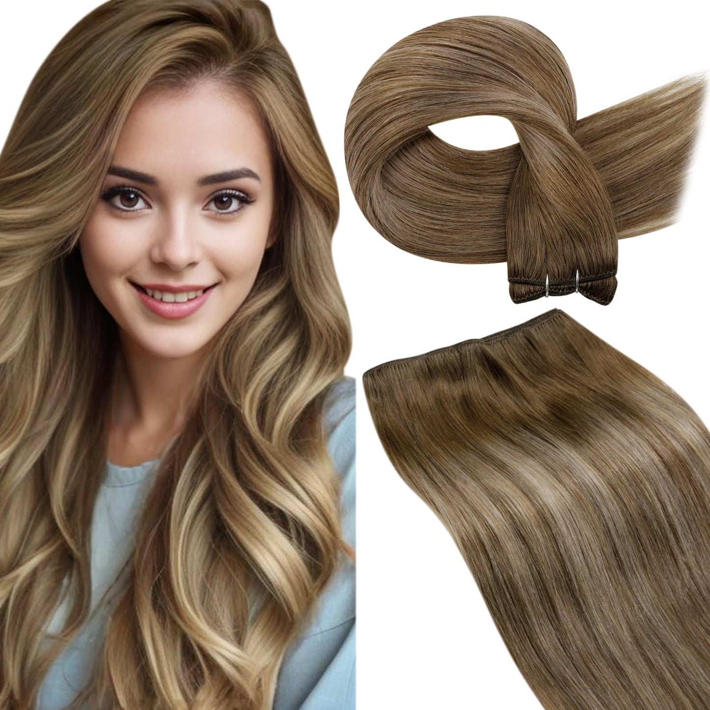 LaaVoo Weft Hair Extensions Human Hair Brown Ombre Sew in Hair Extensions Balayage Light Brown to Golden Blonde Hair Wefts Human