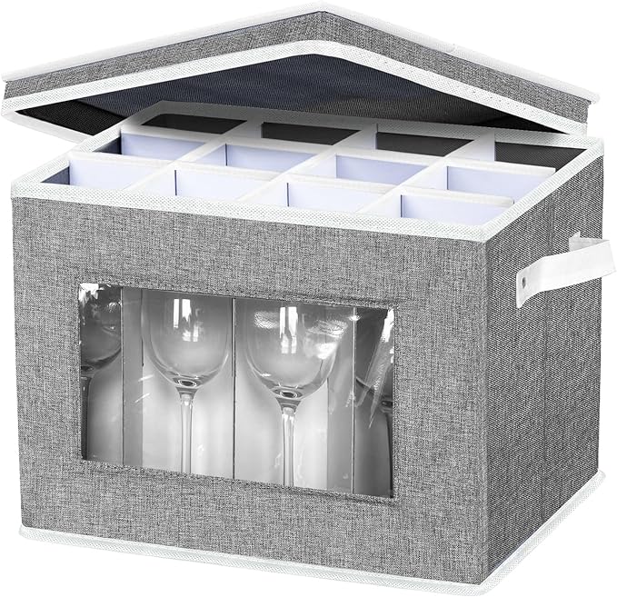 homyfort Wine Glass Stemware Storage Cases, China Storage Containers Box with Dividers Hard Shell for 12 Crystal Glassware,Goblets,Wine Glasses,Drinkware Packing & Moving (Grey)