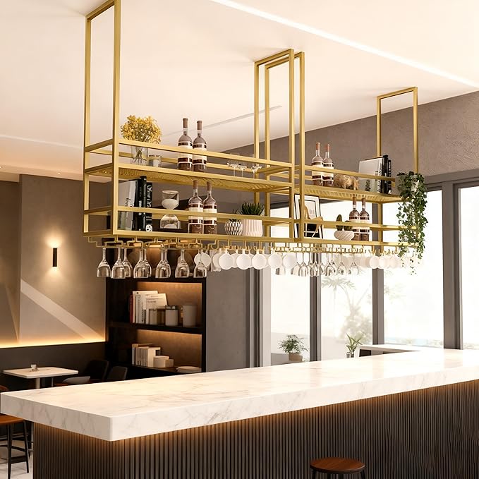 Ceiling Wine Glass Rack, Hanging Wine Display Shelf 2-Tier, Bar Liquor Storage Shelf for Bar Cafe Kitche, Metal Wine Bottle, Goblet Stemware Rack (Gold, 39.37x39.37x11.81in)
