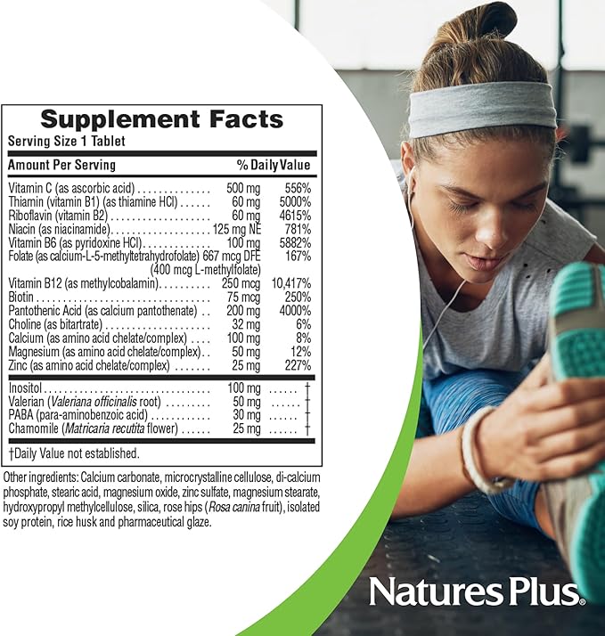 Natures Plus Mega-Complex, Sustained Release - 60 Vegetarian Tablets - B Complex, Vitamin C Supplement, Chamomile & Herbs for Natural - Gluten-Free - 60 Servings