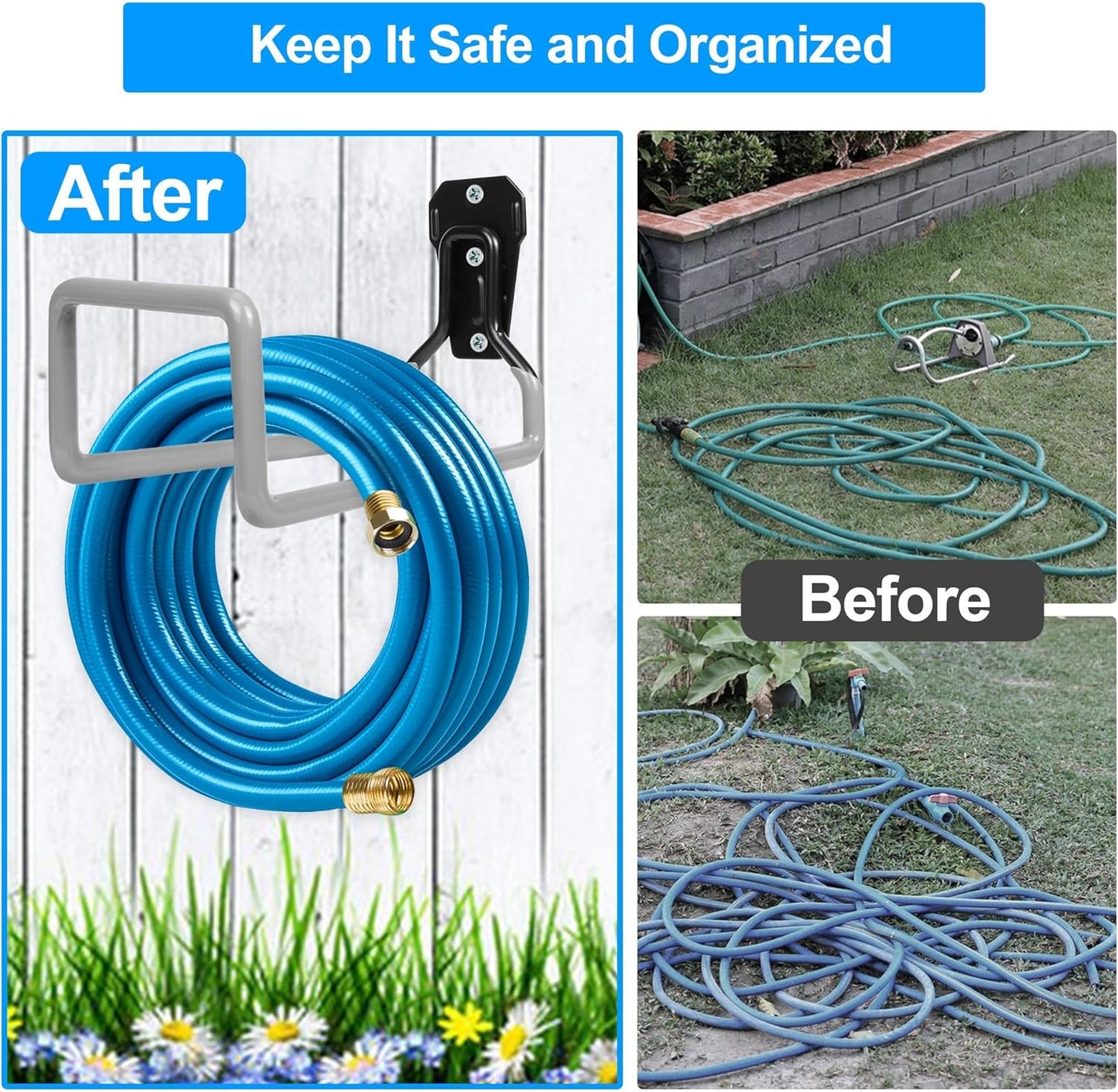 Garden Hose Holder - Metal Garden Hose Reel Wall Mounted Water Hose Holders for Outside, Heavy Duty Hose Hanger for Water Hose Storage