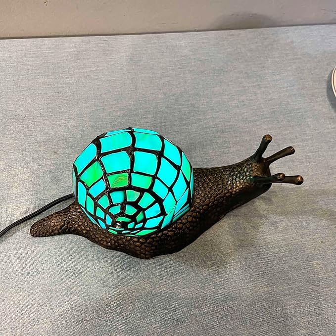 Bieye L10975 Land Snail Tiffany Style Stained Glass Accent Table Lamp for Home Decoration (Cyan, 10" D x 5" W x 5" H)