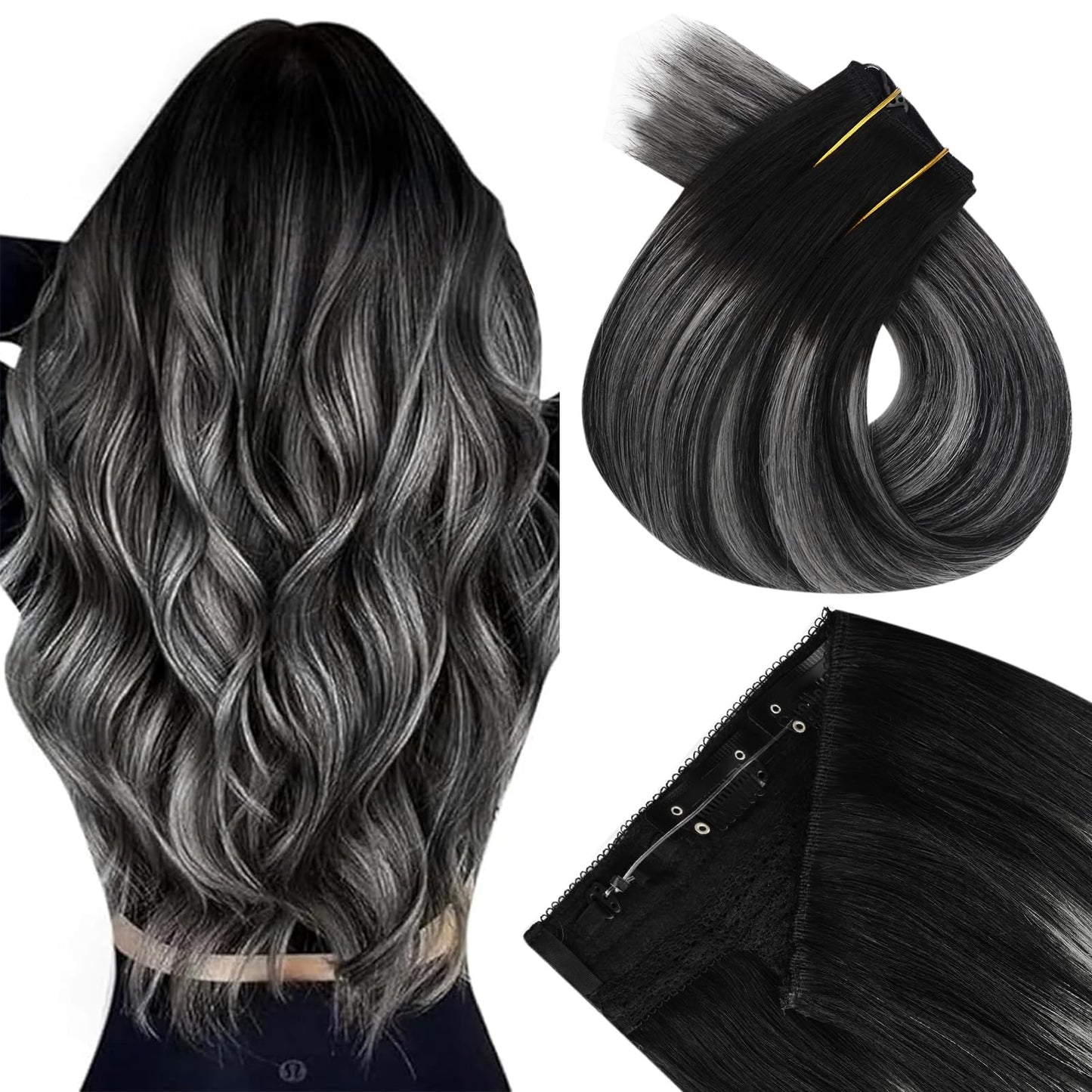 Easyouth Wire Human Hair Extensions Ombre Wire Hair Extensions Real Human Hair Black Balayage with Silver Fish Line Hair Extensi