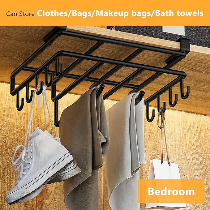 Mug Holder Under Cabinet,Under Cabinet Hooks for Mugs,Paper Towel Holder for Cabinet,Chopping Board Organizer for Kitchen(Black)