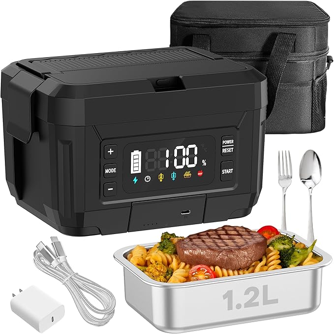 Cordless Electric Lunch Box for Adults – 1.2L Stainless Steel Self-Heating Lunch Box with 20000mAh Removable Rechargeable Battery, Portable Heated Food Warmer for Work, Travel & Office(black