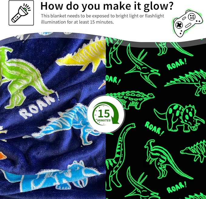 TEHALK Dinosaur Glow in The Dark Blanket for Boys/Girls/Toddler/Baby, Dinosaur Toys for Boy Age 3-12, Cute Funny Kids Throw Blanket for Birthday/Gifts 50"x 60"