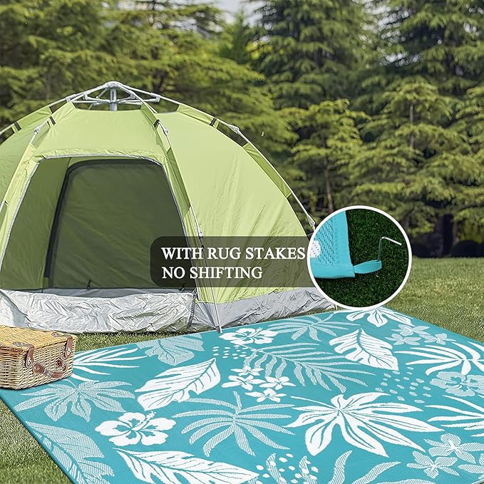 Pauwer Waterproof Outdoor Rug 9x12, Reversible Plastic Straw Patio Camping Rug, Indoor Outdoor RV Mat Carpet for Deck, Camper, Porch, Balcony, Backyard, Picnic, Floral Teal