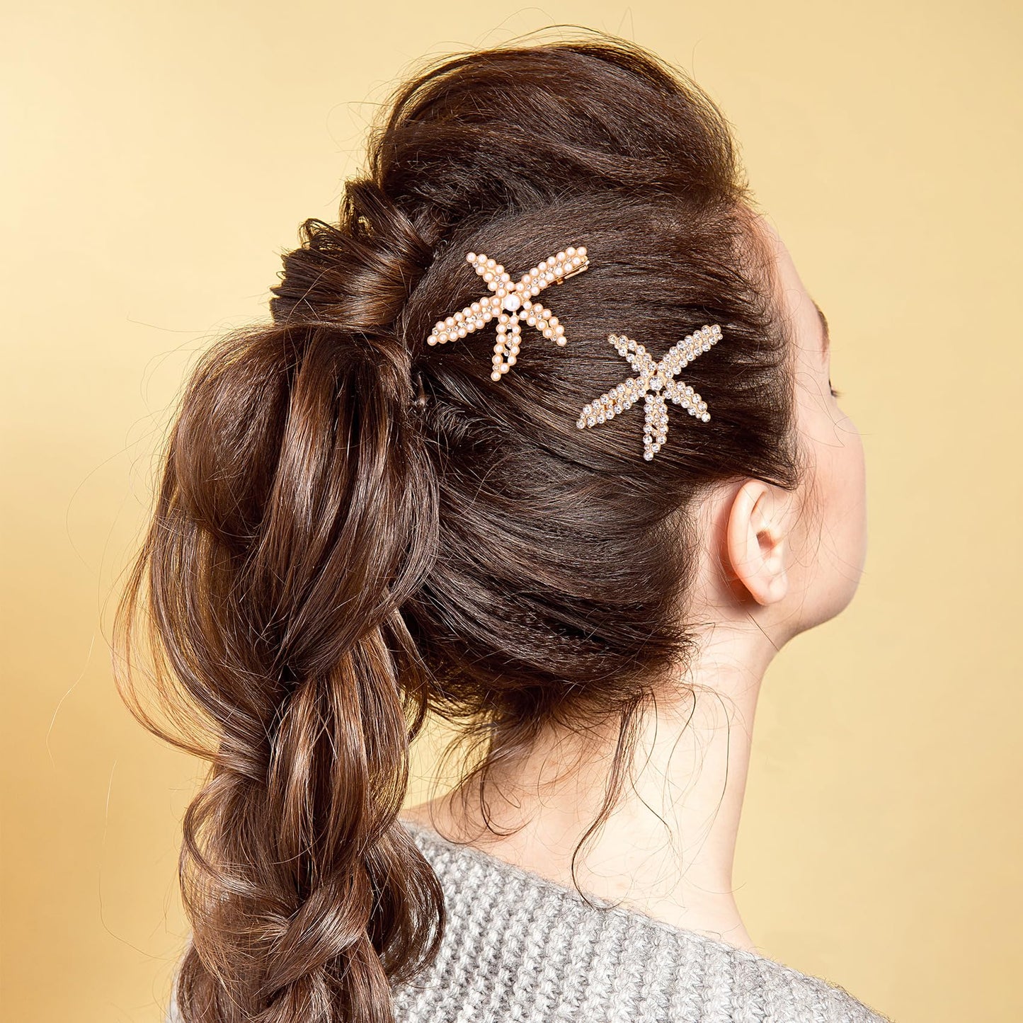 PAGOW 3 PCS Starfish Hair Clips, 3 Styles Gold Rhinestone Hair Clips, Faux Pearl Crystal Sea Star Wedding Headpiece Hair Accesso