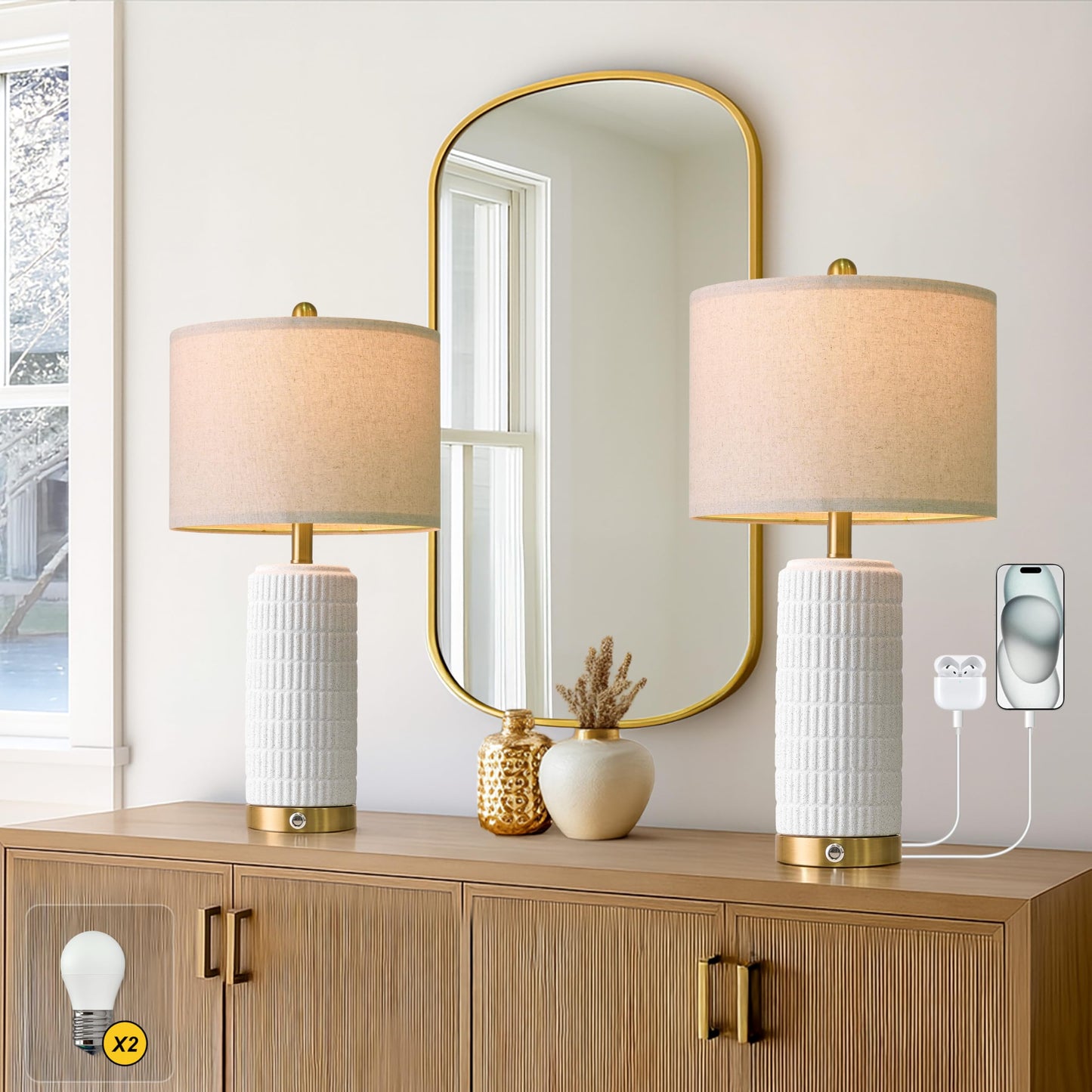 PoKat Touch Bedside Table Lamp with USB Port, 25in  Dimmable, Frosted White Ceramic, Gold Base, Model AMZ-T1102FW-TU