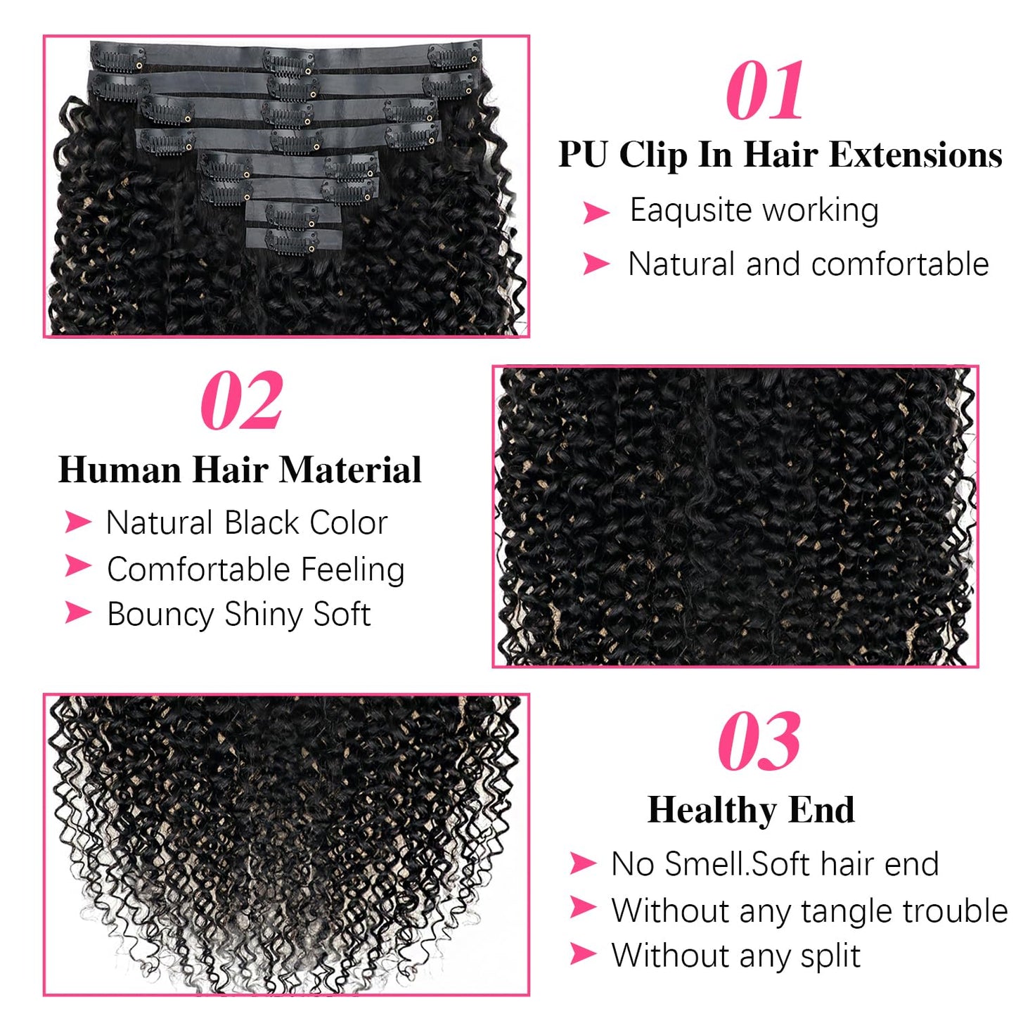 18 Inches Seamless Kinky Curly Clip in Hair Extensions Real Human Hair #1B Natural Color Brazilian Virgin 3c 4a Curly Clip ins H