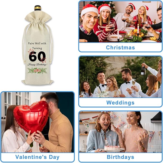60th Birthday Gift for Women Men Happy 60th Birthday Decorations Wine Bag 60 Years Old Birthday Gift Ideas for Friends Dad Mom Husband Wife Pairs Well with Turning 60 Sixty Birthday Wine Bottle Bag