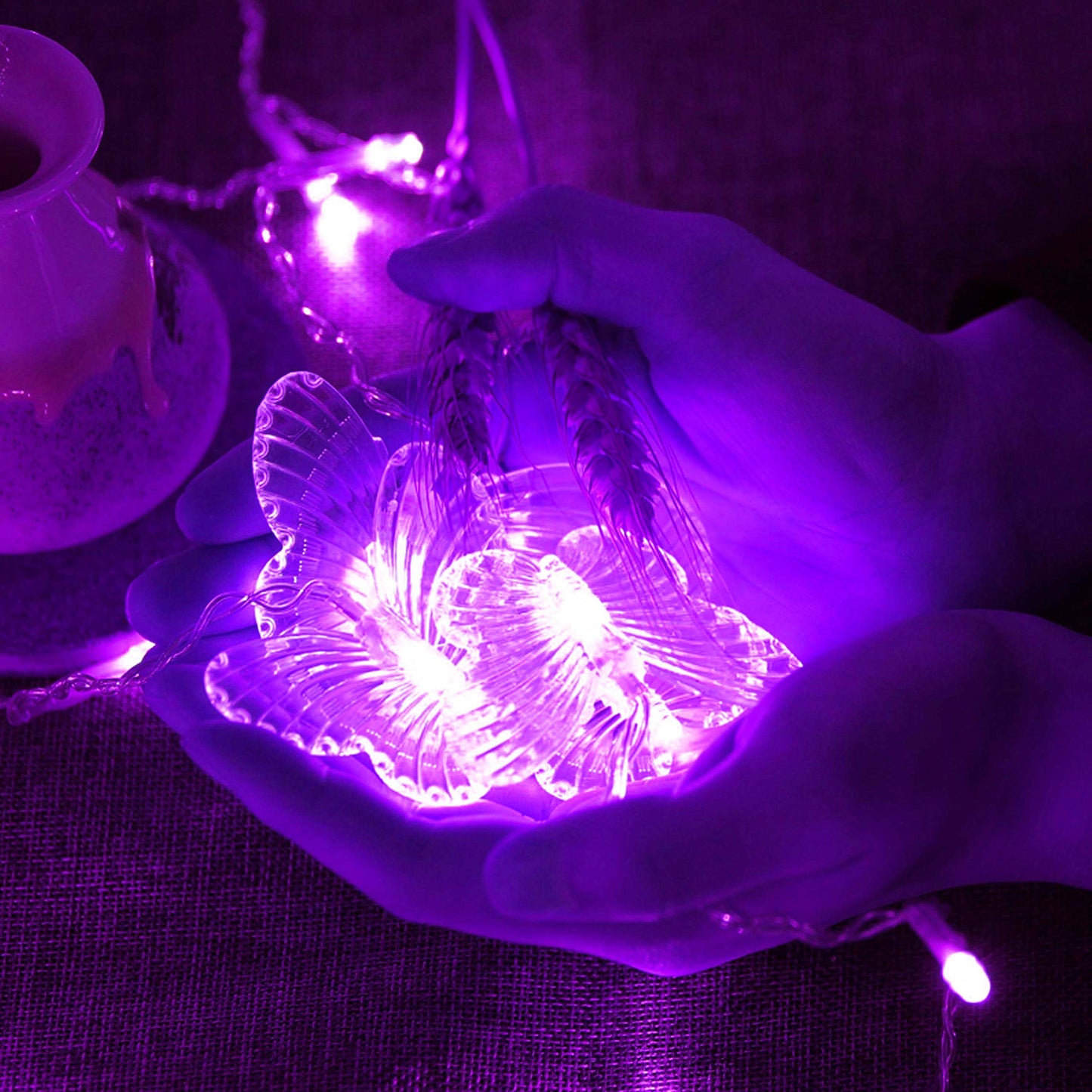Decorman Butterfly Curtain Lights, 13ft USB LED Fairy Lights, 96 Lights, 8 Modes, Purple, Model CLD-B-R-001