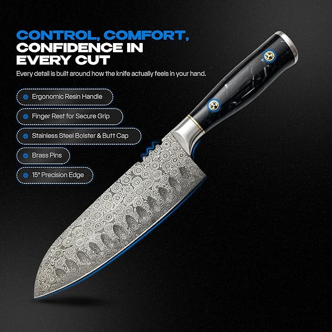 Handmade Damascus 7" Santoku Knife - Lightweight Japanese Style Kitchen Knife for Fast Chopping, Sharp 133-Layer Blade, Ideal Damascus Chef Knife for Daily Use