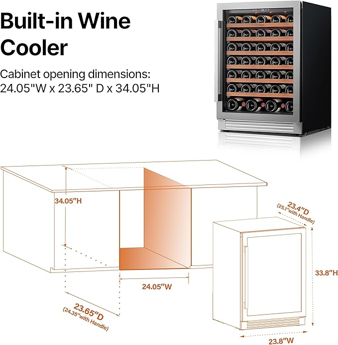 Ca'Lefort 24 Inch Wine Cooler Refrigerator, 61 Bottles Wine Coolers with Glass Door, 3 LED Built-in Compressor Fridge with Adjustable Shelves for Home Office Bar (5.65 cu.ft)