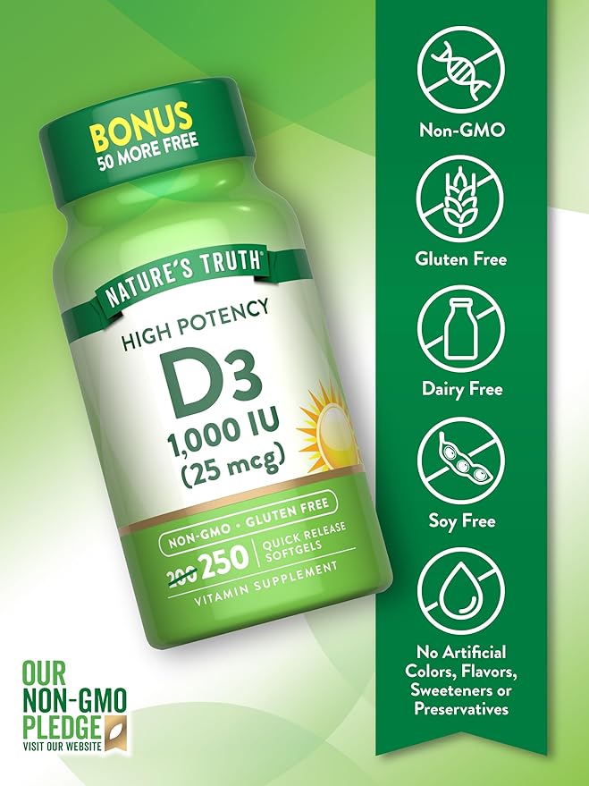 Nature's Truth D3 1000 IU | 250 Softgels | Essential Vitamin D | Non-GMO & Gluten Free Supplement