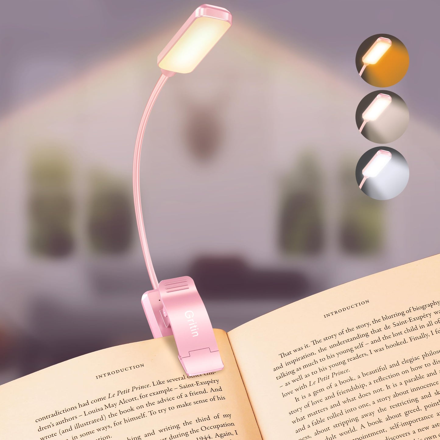 Gritin Rechargeable Book Light - 9 LED, 3 Color Temperatures, Stepless Dimming, Clip-On, Pink, Model G1330