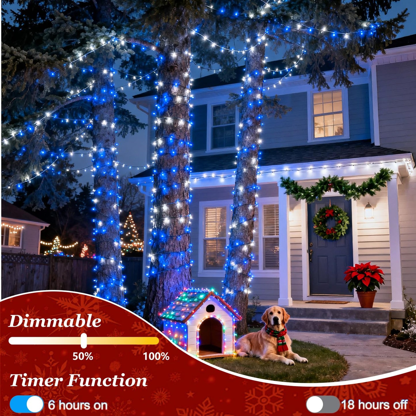 300 Led Christmas Tree Lights  Connectable Christmas Lights Indoor With Timer Memory & Dimmable & 12 Modes  75Ft Decoration Fairy String Lights For Outside Bedroom Home Patio Yard Tree  Blue & White
