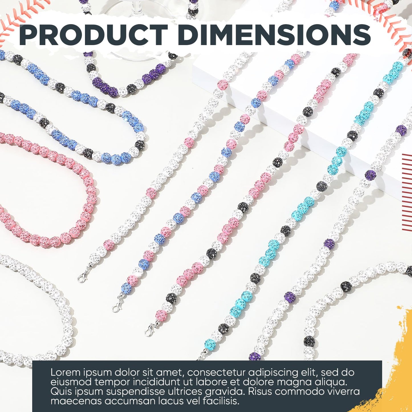 Landical 12 Pcs Bling Baseball Necklace Ice Beaded Baseball Necklace Cool Gifts Bulk for Team Players Lovers Fans (Multicolor)