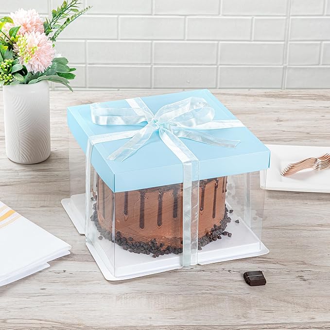 Restaurantware Sweet Vision 8.5 Inch x 6.75 Inch Transparent Cake Boxes, 10 Grease Resistant Base Clear Cake Boxes - Blue Lid, Blue Ribbon, Plastic Birthday Cake Boxes, For Weddings Or Birthdays