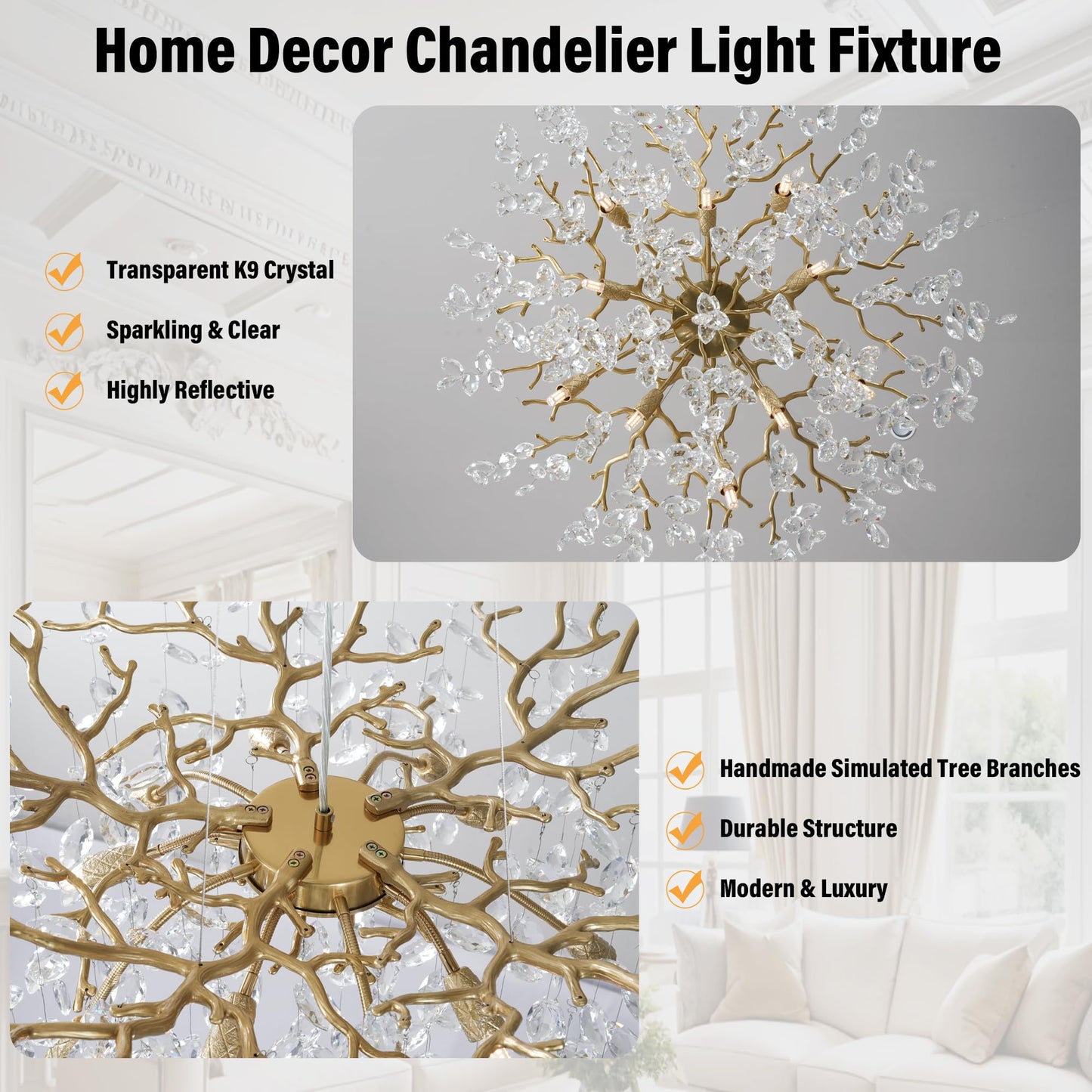 Yuyi 23.6 Modern Gold Tree Branch Crystal Chandelier  8-Light Round Raindrop Pendant Lighting For Dining Room Living Room Bedroom Kitchen Foyer Entryway  stylish K9 Crystal Statement Light Fixture