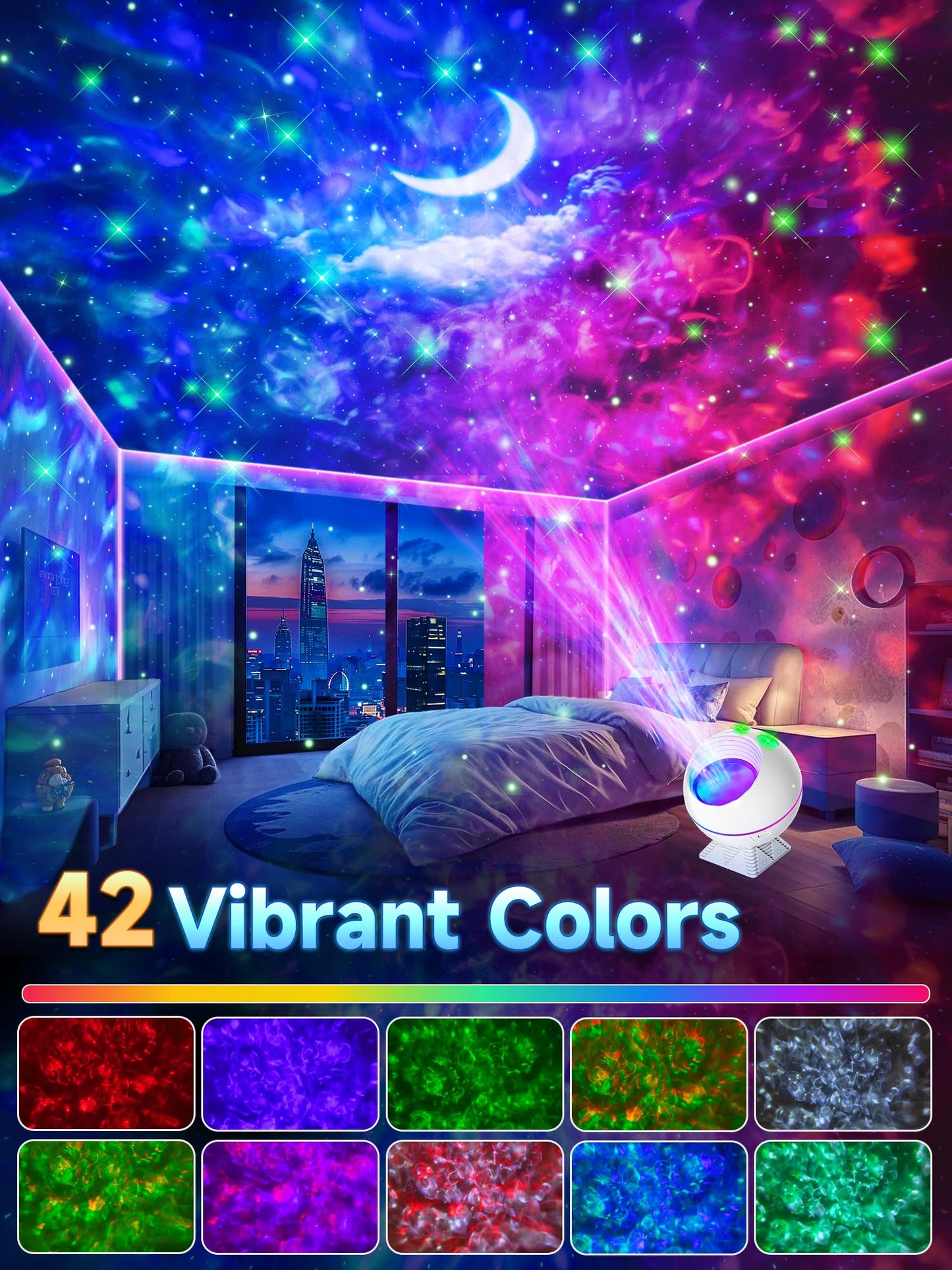 One Fire Galaxy Light Projector, 42 Colors, Dimmable, Remote Control, Model BL-XK04, Cream, Suitable for Kids and mature-themeds