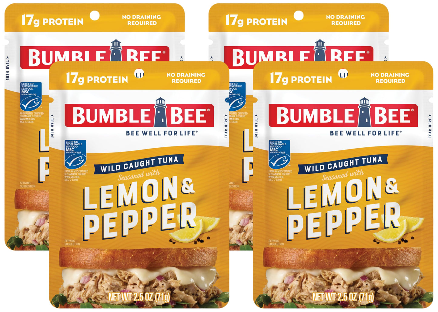 Bumble Bee Lemon & Pepper Seasoned Tuna, 2.5 Ounce Pouch (Pack of 4)
