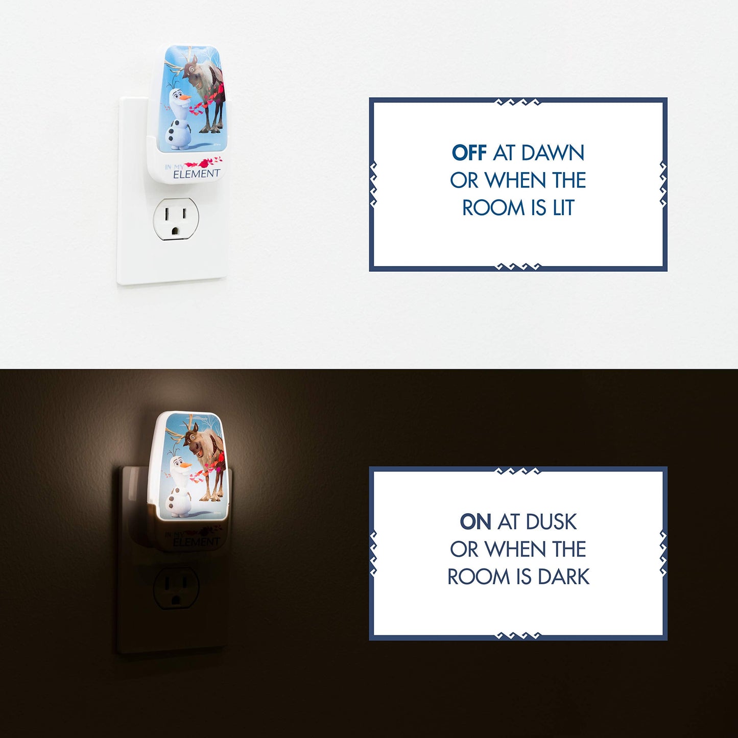 Disney Frozen LED Night Light, Olaf and Sven, Plug-in, Dusk-to-Dawn Sensor, 1 Pack, Blue/White, Model 45830