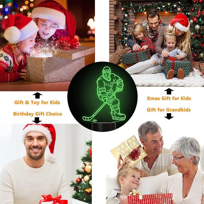 FULLOSUN 3D Night Lights Ice Hockey Athlete 3D Illusion Bedside Lamp 16 Colors Changing with Remote Control Best Birthday Gifts for Men Women