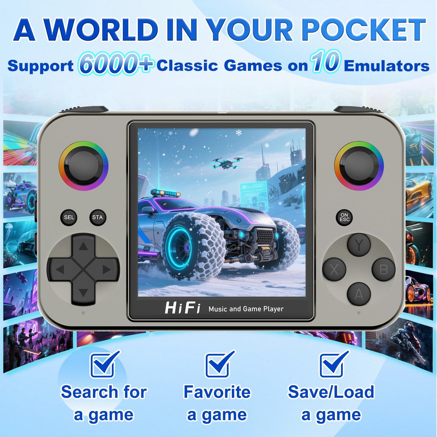 Colourbing L8 Pocket Retro Gaming Console - with MP3 Player Function, Support 6000+ Classic Games on 10 Emulators, 16 GB TF Card Loaded,HiFi Stereo+3.5mm Audio-Birthday Gift for Man(Black) [Linux]