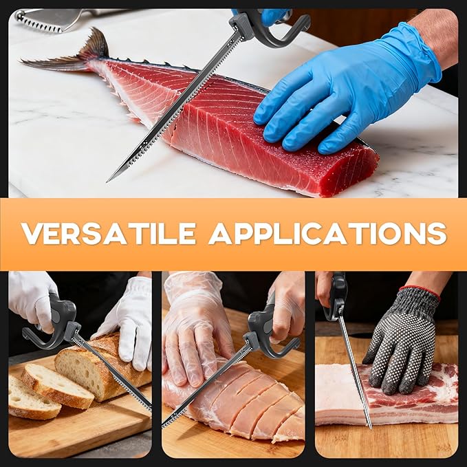 Protmex Cordless Electric Fillet Knife with 8" and 10" Sharp Blades, 12V Electric Fillet Knife with Non-slip Grip Handle, Gloves and Safety Lock, for Fishing, Filleting, Meat, Bread, Outdoors