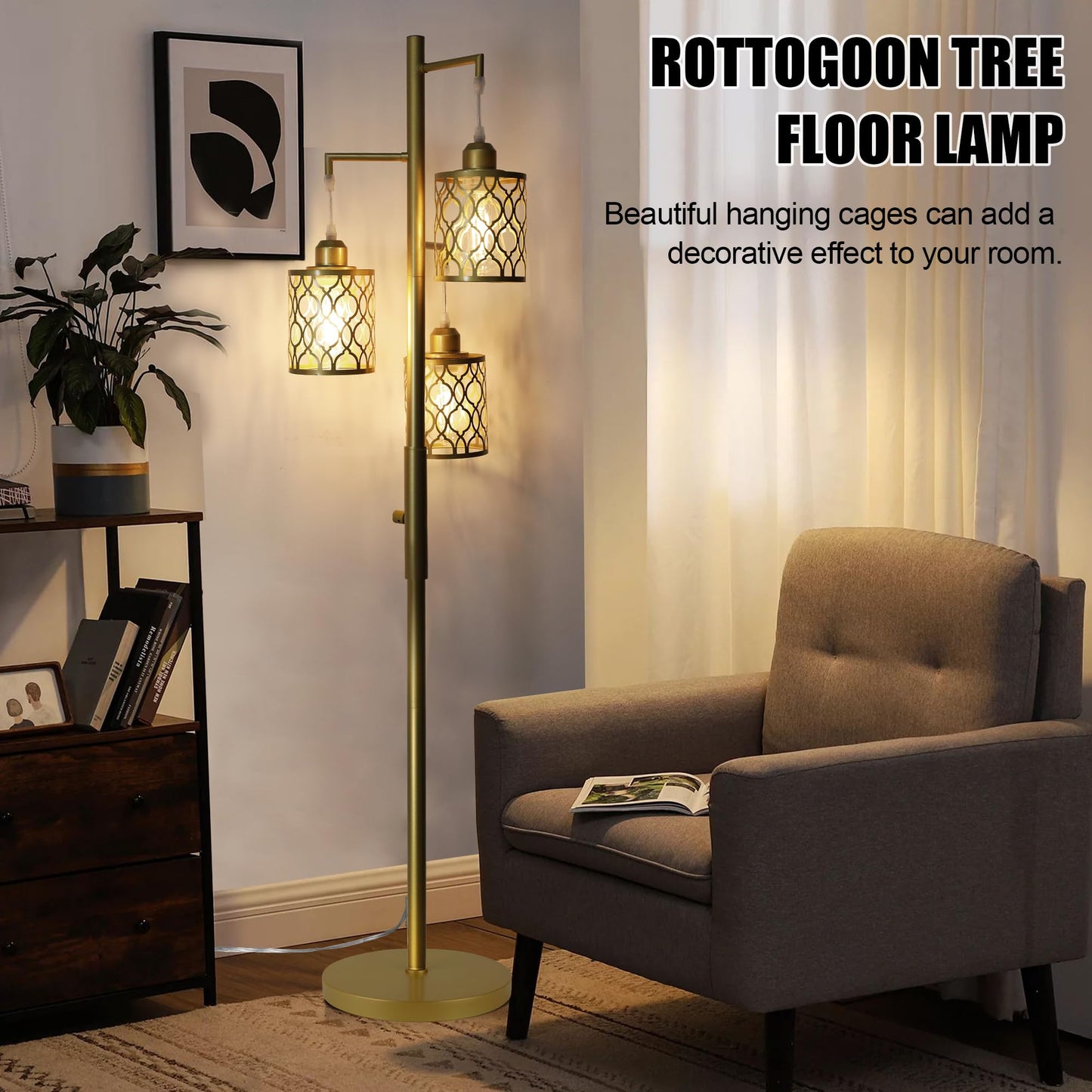 Rottogoon 68 Dimmable Gold Floor Lamp, 3-Light Rustic Design With Metal Shade, Includes 3X 6W E26 Bulbs, Model Rodlldd243