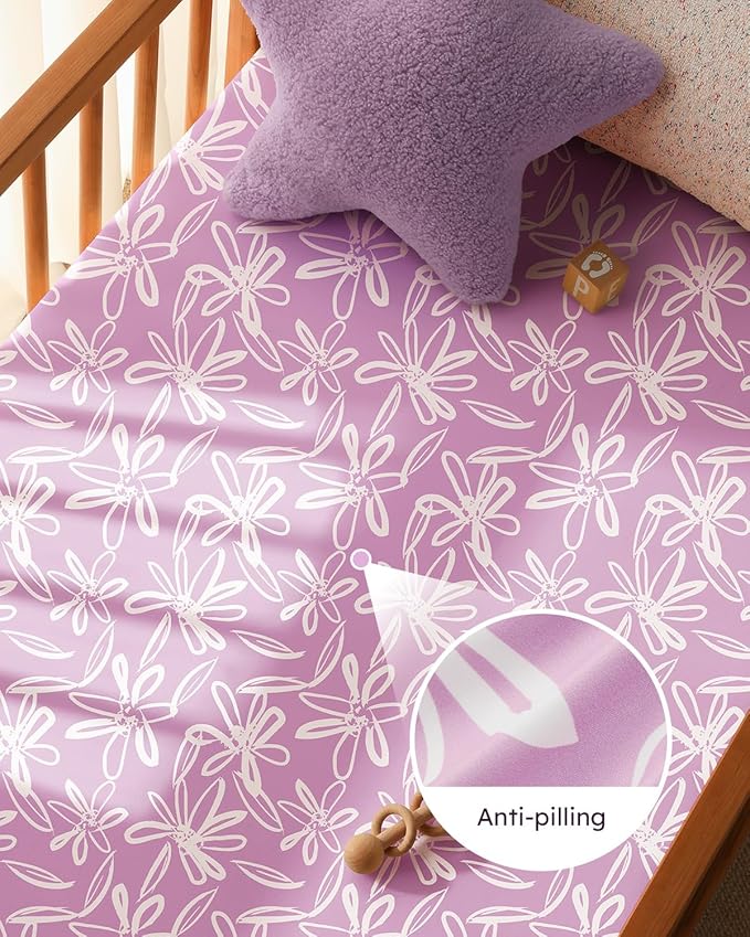Baby Crib Sheets for Boys Girls, 28x52x8in Fitted Crib Sheet Neutral 3 Pack for Standard Crib and Toddler Mattress, Breathable Soft Microfiber Baby Sheet Purple Leaf