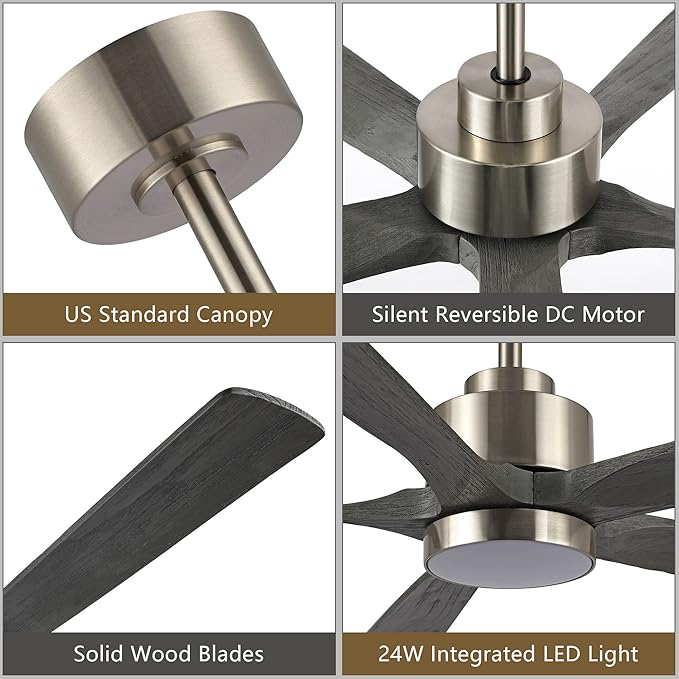 60" Modern Ceiling Fan with Lights and Remote Control, 5 Solid Wood Blades 6-Speed Noiseless Reversible DC Motor, Ceiling Fan for Bedroom Dinning Living Room, Nickel Finish with Wood Blades