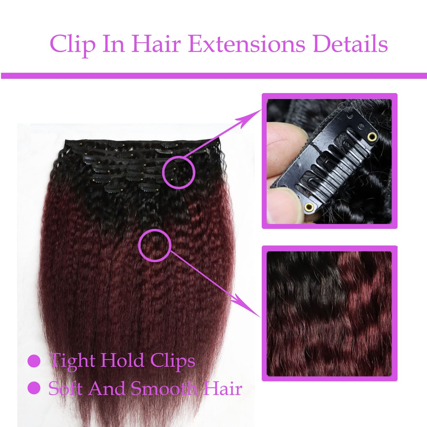 IXTUYLL Virgin Human Hair Clip In Extensions Ombre Dark Red 99J Kinky Straight 120 Grams Clip Ins Hair Extensions Real Human Hai