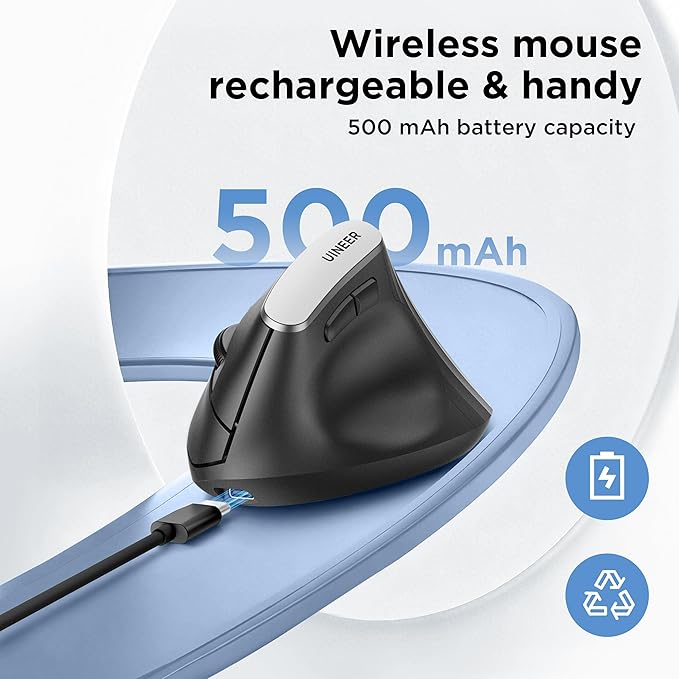 Ergonomic Mouse, Vertica Wireless Mouse 2.4G with USB A Receiver, 2400 DPI Optical Tracking Mice, 4 Adjustable DPI Levels, Rechargeable with Battery Indicator, Wide Compatibility for Windows, Mac OS