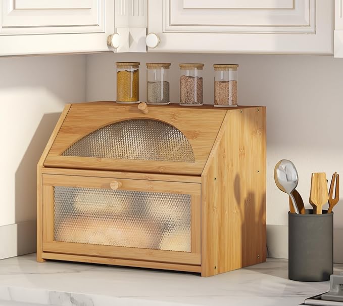 Bread Box, Bamboo Wood Bread Box for Kitchen Counter, Double-layer Bread Storage Bin, Acrylic glass with Diamond Patterns (Natural, Large)