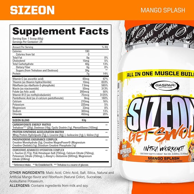 Gaspari Nutrition SizeOn, The Ultimate Hybrid Intra-Workout Amino Acid & Creatine Formula, Increased Muscle Volume & Muscle Recovery (3.59 Pounds, Mango Splash)