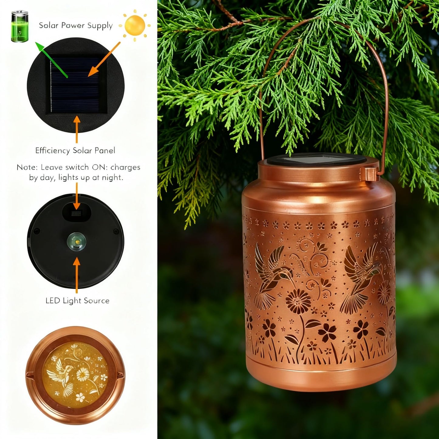 2 Pack Solar Lanterns Outdoor Garden Decor- Solar Lights Waterproof Hummingbird Decorative Gifts For Women Mom Grandma Hanging Metal Lights Gardening Gift For Outside For Yard  Patio  Backyard  Farm