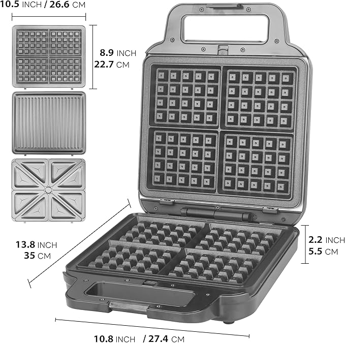 Belgian Waffle Maker with Removable Plates, Waflera Electrica, Large Waffle Iron, 3 in 1 Panini Grill Press Breakfast Sandwich Maker, Electric Griddle, Grilled Cheese Maker, Breakfast Station