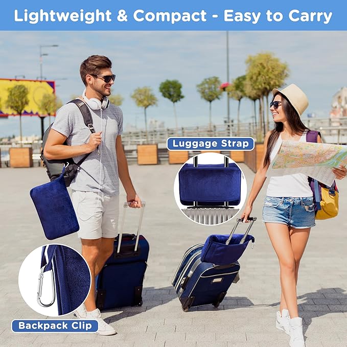ATsense Travel Blanket Pillow, Premium 2 in 1 Soft Airplane Blanket Compact with Bag Pillowcase, Hand Luggage Sleeve and Backpack Clip - Travel Essentials for Long Trips, Flying and Car, Navy Blue