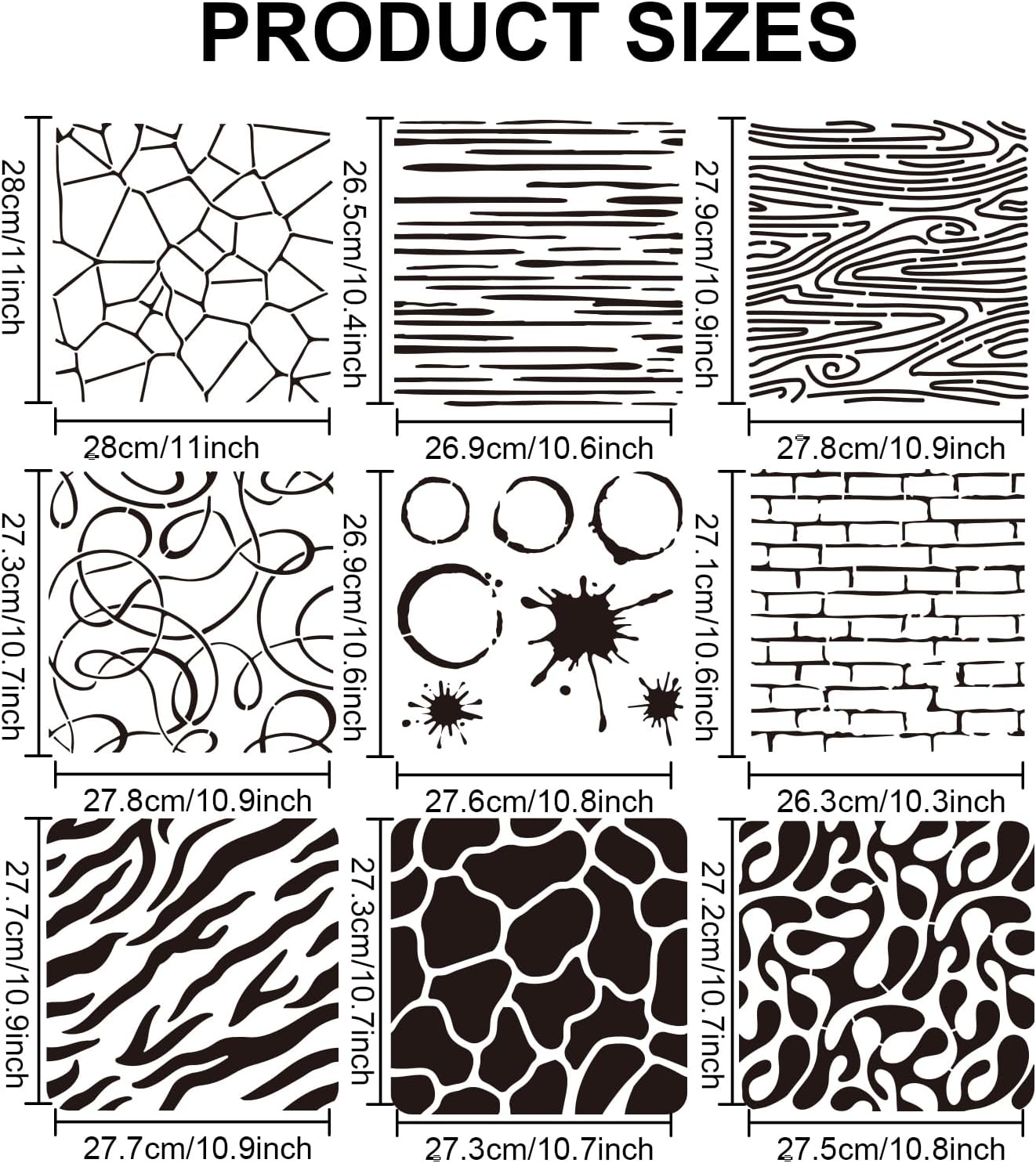 MAYJOYDIY 9pcs Texture Painting Stencils Marble Brick Crackle Background Spray Paint Art Stencils 11.8×11.8inch with Paint Brush for Wood Canvas Paper Floor Tile