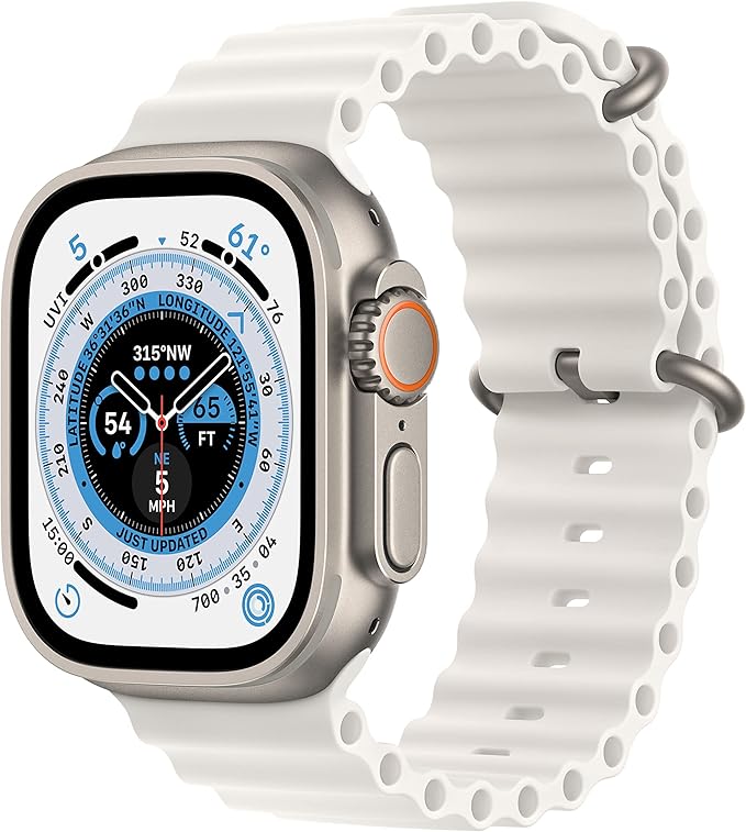 Apple Watch Ultra [GPS + Cellular 49mm] Titanium Case with White Ocean Band, One Size (Renewed)