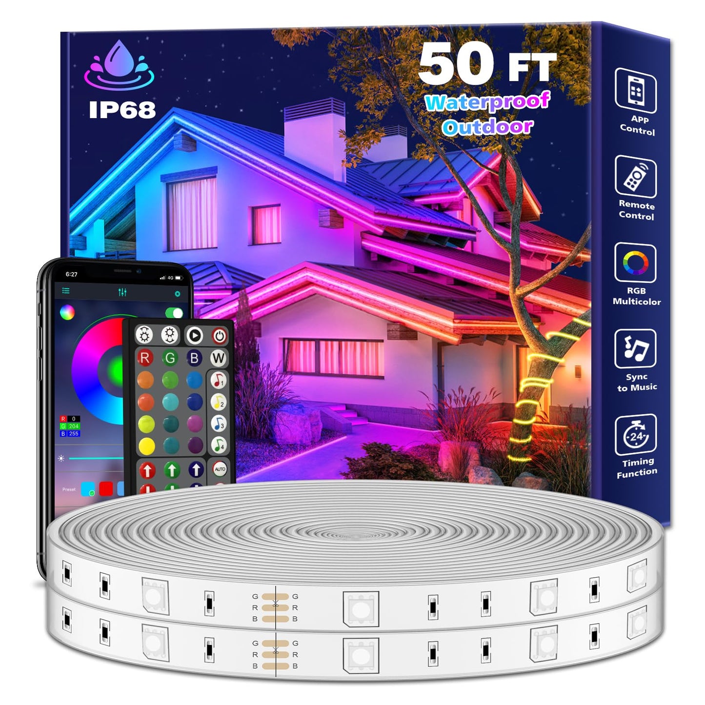 Outdoor LED Strip Lights Waterproof,Music Sync RGB IP68 Outside Led Light Strips Waterproofs with App and Remote,Exterior Led Rope Lights Waterproof for Deck,Balcony,Roof,Garden,Pool (50FT)