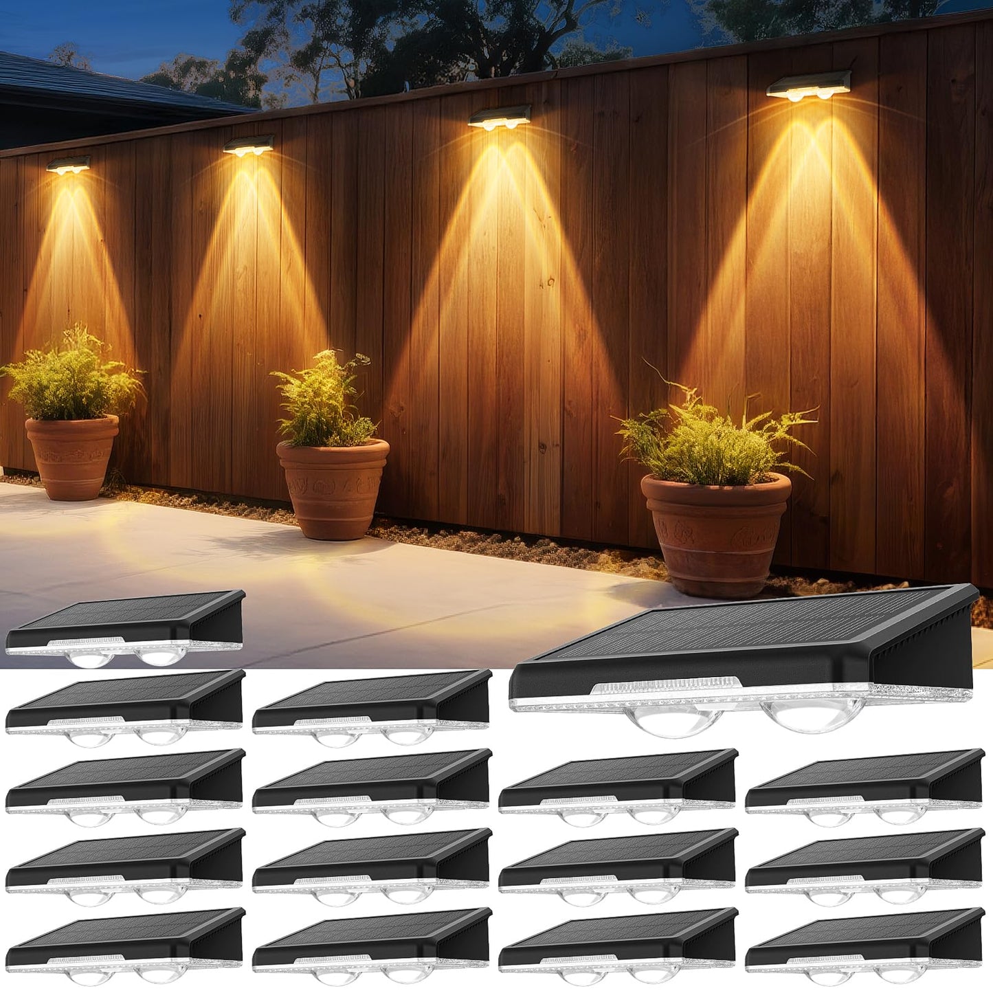 Apilab Solar Fence Lights Outdoor 16 Pack - 3 Modes (Warm/Neutral/Cool White)  Fence Lights Solar Powered For Outside  Ip65 Waterproof  Deck Lighting For Wall  Step  Patio  Pathway  Stairs